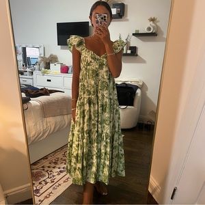 Abercrombie & Fitch poplin floral midi dress with ruffle sleeves and ruched bust